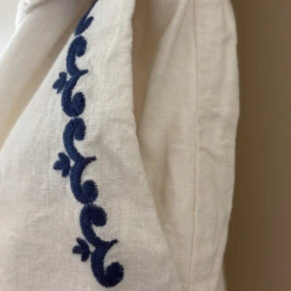 Caroline Constas Linen Blend Romper Embroidered Scallop Design Tie Waist Blue S - Picture 5 of 7